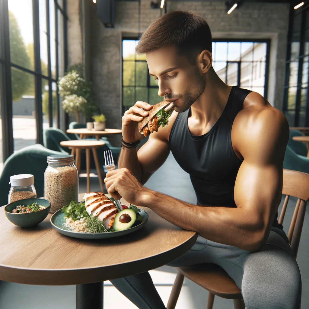  fitness professional enjoying a healthy meal. The setting is a modern dining area, and the individual, dressed in casual athletic wear, is shown eating a balanced meal that includes grilled chicken, a mixed green salad, quinoa, and sliced avocados. 